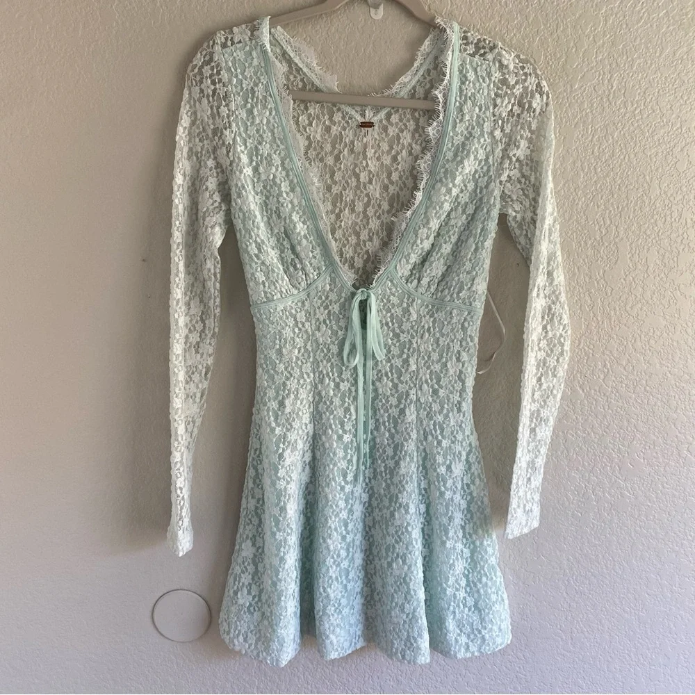 NEW Free People Petra Lace Long Sleeve Mini Dress Billowing Sail Mint